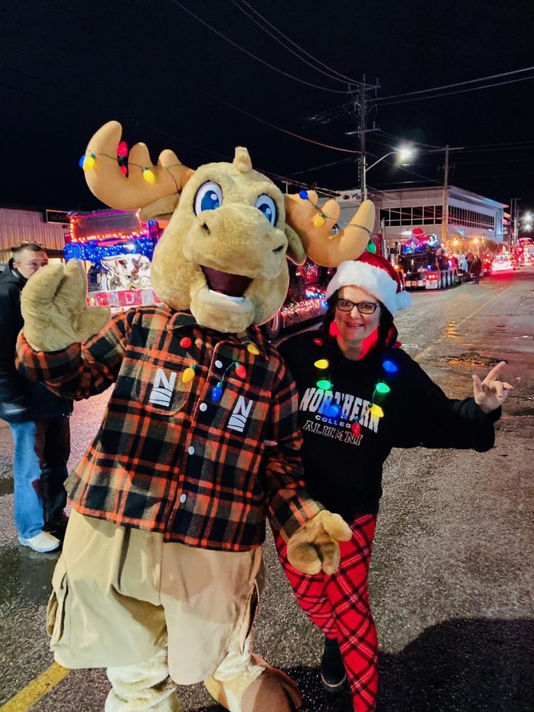 Northern College Campus mascot the moose with Nicole