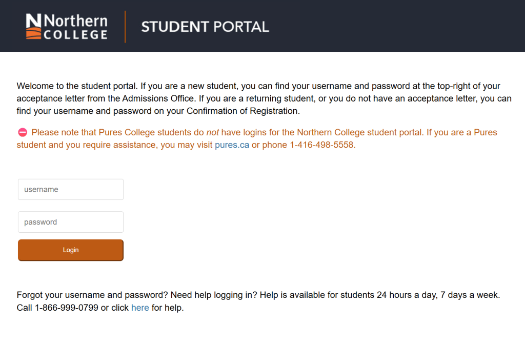 student portal screenshot, login screen