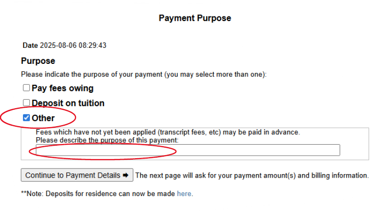 screenshot of other payment options in student account
