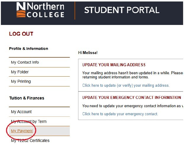 payment purpose in my northern portal with northern college