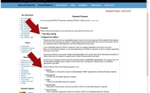 Screenshot of Student Account website to display where to check 'Deposit on tuition' and to select the type of deposit that applies to you.