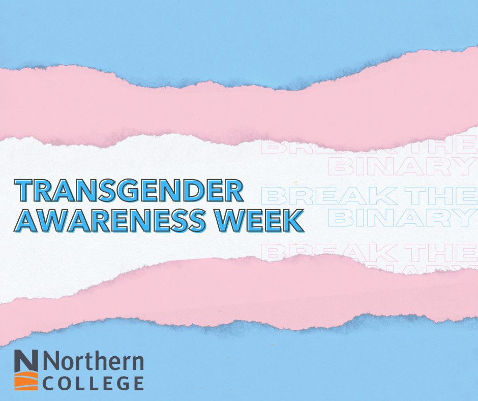 Transgender Awareness Week graphic on trans pride flag background